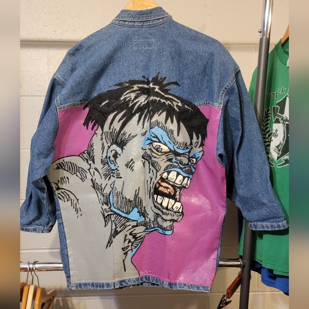 Size S (L?)- Vintage 90s Denim Custom Grey Hulk Painted Jacket